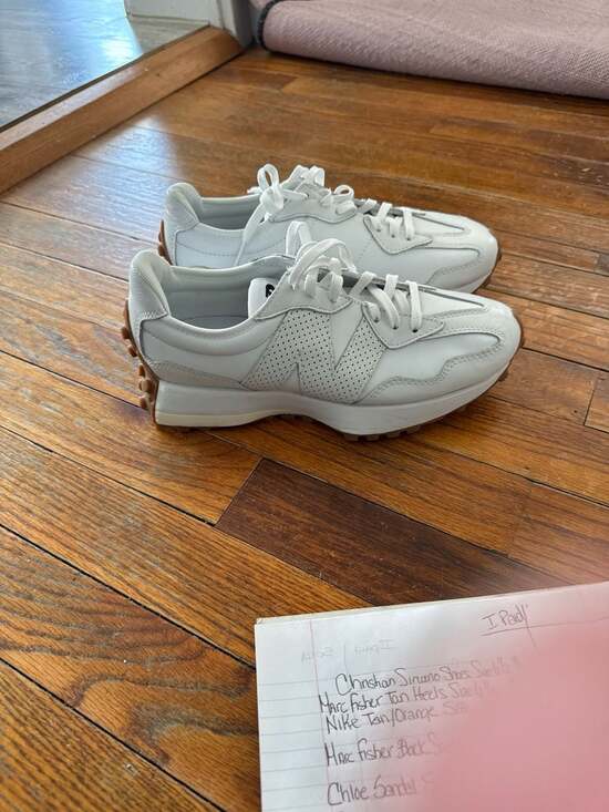 New Balance Women's 327 White Leather Sneakers with Gum Sole - Picture 2 of 4